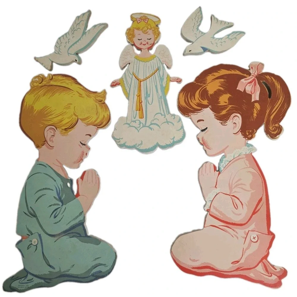 VTG 50s Dolly Toy Boy & Girl Praying Angel Doves Wall Decor Evening Prayer